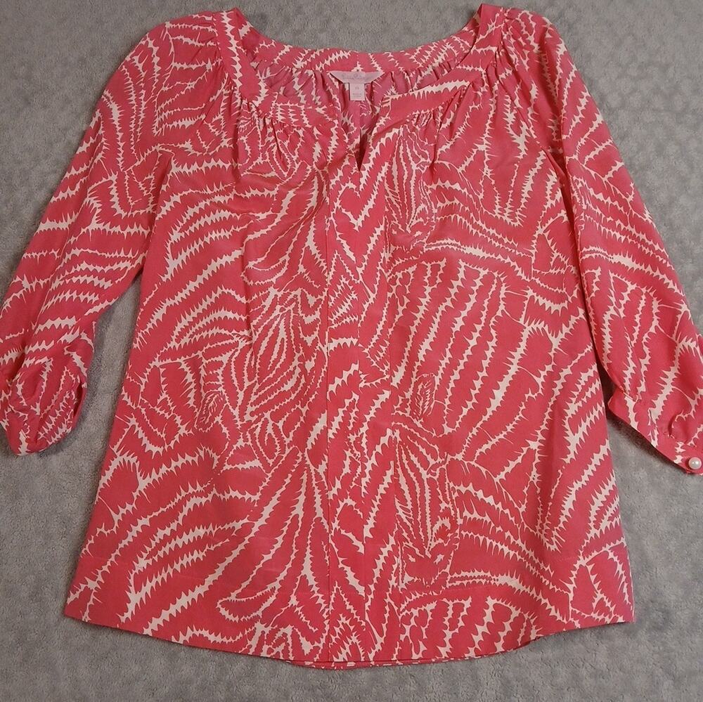 Lilly Pulitzer Women's 3/4 Sleeve Top Bright Pink And White Size XS 100% Silk